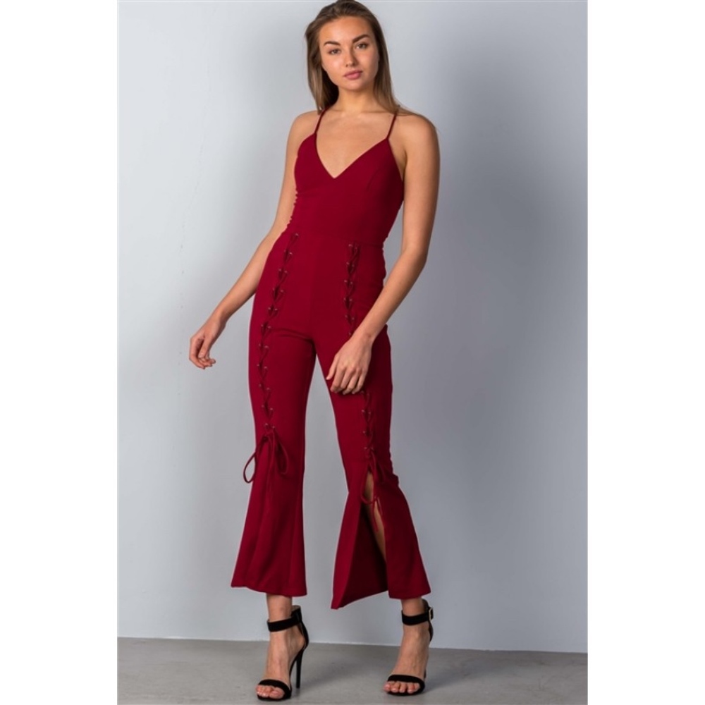 WIDE SPLIT LEG LACE-UP JUMPSUIT IN BLACK - Picture 6 of 7